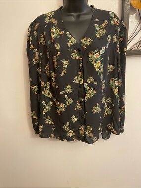 CAbi Black Floral V-Neck Button Front Blouse